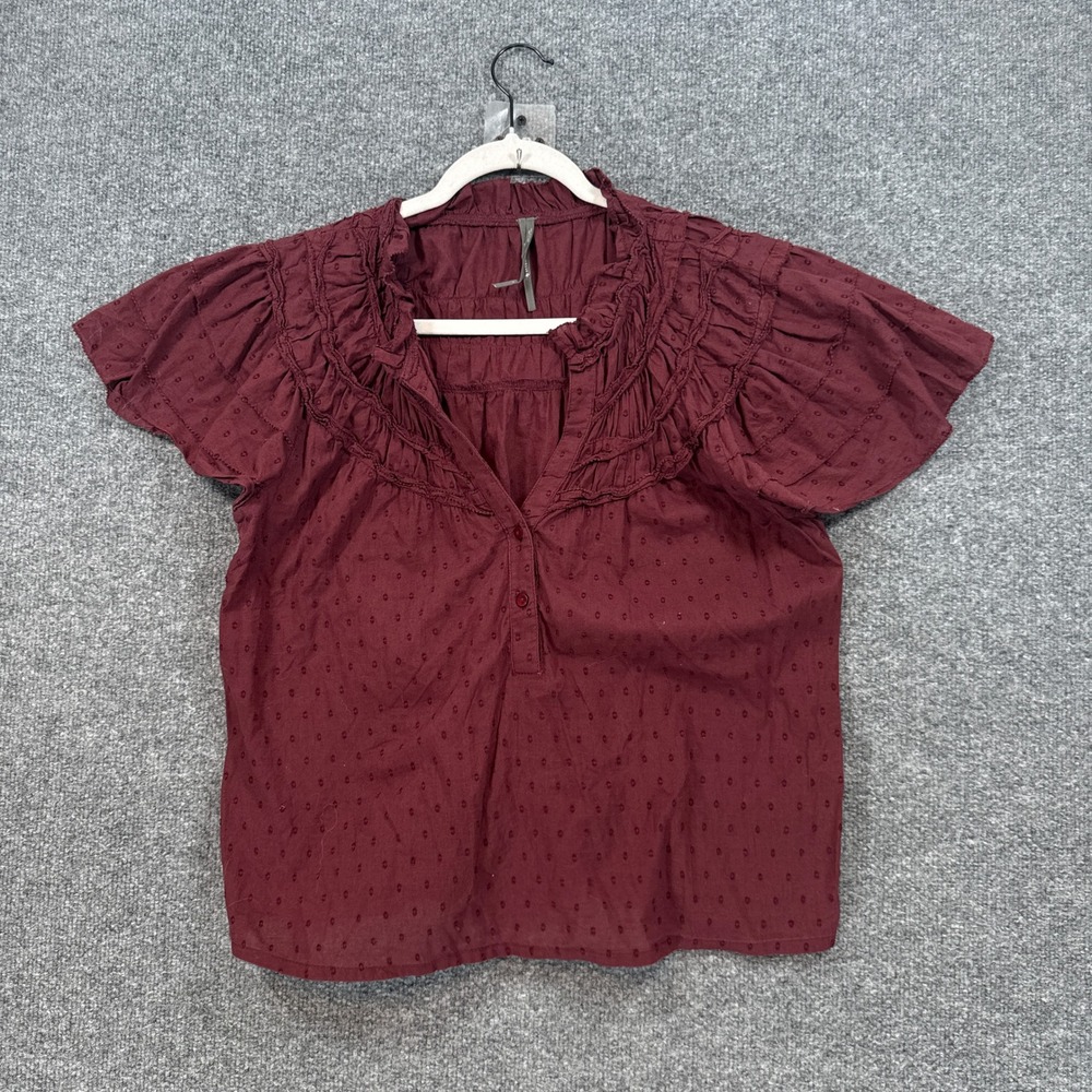 Anthropologie Blouse Womens Medium Burgundy Ruffle Swiss Dot Flutter Sleeve Top